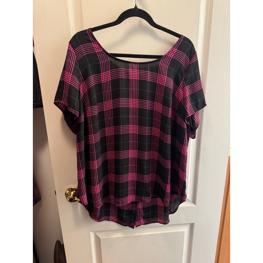Torrid Size 2 Black & Pink Plaid Blouse | Sheer Button Back Top Plus Size 2X